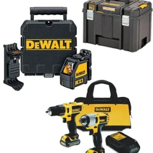Set Dewalt: Taladro Atornillador + Atornillador de Impacto + Láser DW088K + Maletín Profundo + 2 Baterias 1,3 AH