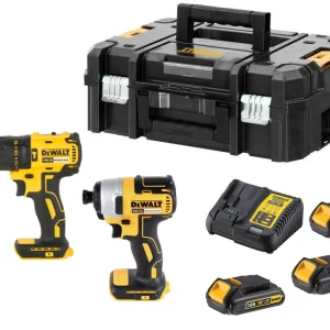 Set Taladro Percutor + Atornillador de Impacto 18V con 3 baterías 1,5Ah y maletín Dewalt DCK2060S3T