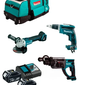 Combo 18V Martillo DHR202 + Atornillador DFS452 + Miniamoladora DGA504 + 2bat + Cargador + Bolsa Makita DLX3190TX1