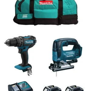 Kit Makita Taladro Percutor DHP482 + Sierra de Calar DJV182 + 2bat 5Ah + cargador + bolsa DLX2181BL2