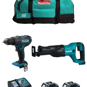 Kit Makita Taladro Percutor DHP482 + Sierra Sable DJR186 + 2bat 5Ah + cargador + bolsa DLX2186BL2