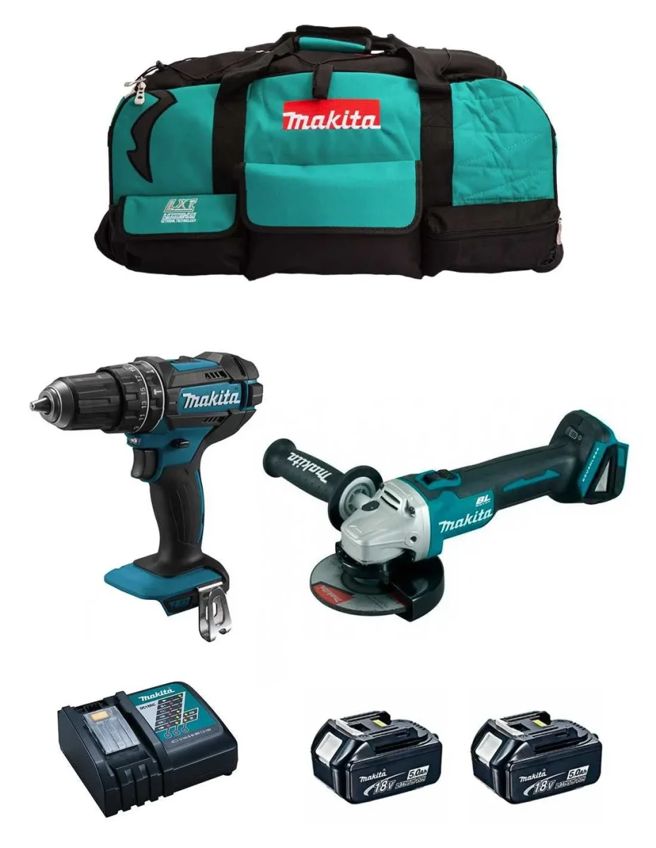 Kit Makita Taladro Percutor DHP482 + Mini-amoladora DGA504 + 2bat 5Ah + cargador + bolsa DLX2504BL2 - Imagen 2