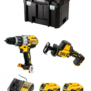 Kit Dewalt Taladro Percutor DCD996 + Mini Sierra Sable DCS369 + 2bat 5Ah + cargador + TSTAK VI DCK269P2