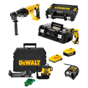 Mega Combo Panel Yeso: Atornillador DCF620+ Martillo DCH133+ Nivel DCLE34031N + 2 Baterías 18V Dewalt