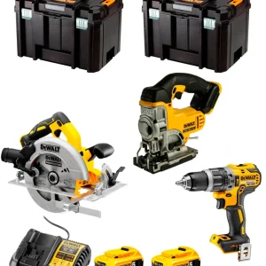 Kit Dewalt Taladro Percutor DCD796 + Sierra de Calar DCS334 + Sierra Circular DCS572 + 2bat 5Ah + Cargador + 2xTSTAK VI DCK370P2