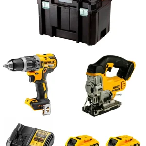 Kit Dewalt Taladro Percutor DCD796 + Sierra de Calar DCS331 + 2bat 2Ah + Cargador + TSTAK VI DCK234D2
