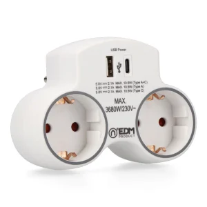 Adaptador 2 tomas 2P+T SCHUKO CON 2 USB (A + C) EDM
