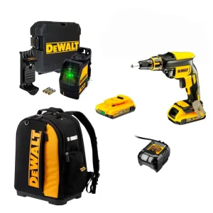 Combo Atornilladora Pladur DCF620 + 2 Bat 2Ah + Láser DW088CG + Mochila Dewalt CPROF593