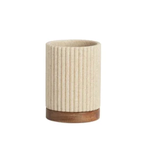 Portacepillos Beige de Poliresina y Madera de Acacia Ø8×11 cm Andrea House